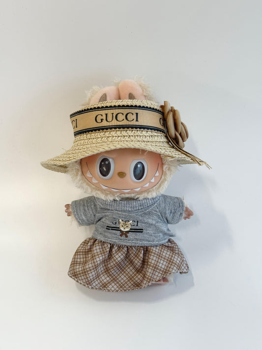 Labubu GG Inspired Straw Hat & Sweater Set with Plaid Skirt
