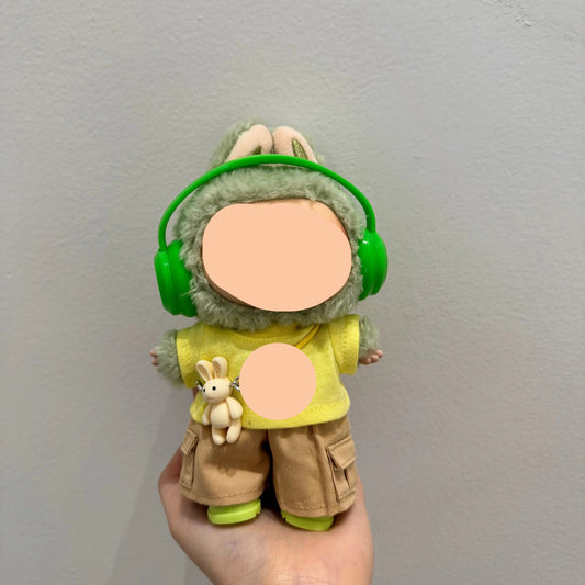 Clothes Labubo Green headphones + yellow T-shirt + khaki overalls Keychain Labubo Clothing Macaron Clothes for Labubo