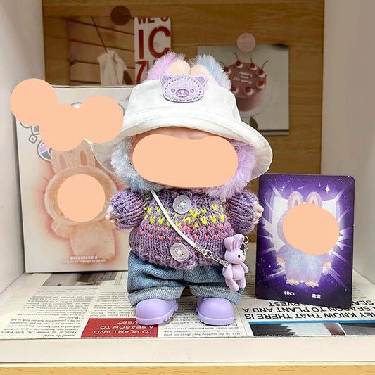 White Hat + Purple sweater + Jeans 17cm Labubo Clothing Have a Seat Labubo Doll Clothes