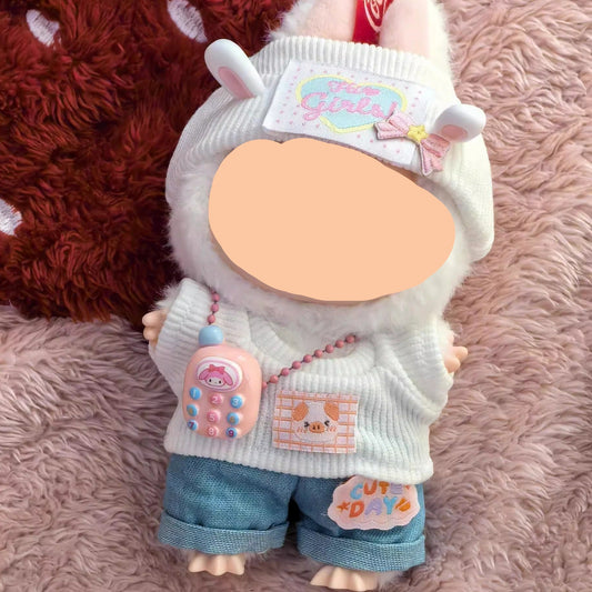 Winter Labubo Outfits White top + Jeans Accessories Style Labubo Outfit Keychain Labubo Clothing
