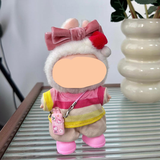Summer Labubo Outfits Pink Striped Shirt + Accessories Fashion Labubo Outfit Keychain Labubo Clothing