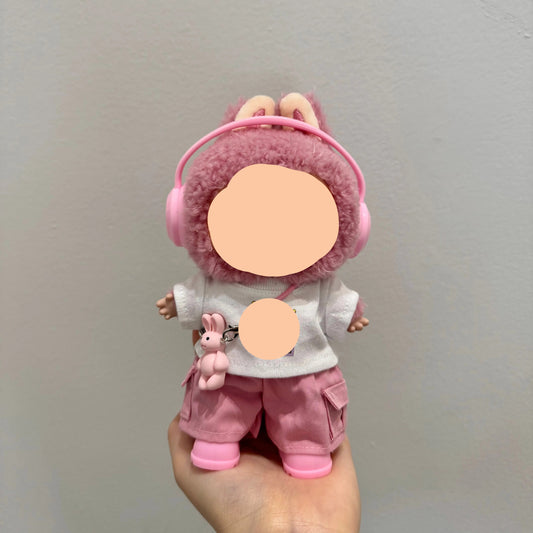 Clothes Labubo Pink headphones + white T-shirt + pink overalls Keychain Labubo Clothing Macaron Clothes for Labubo