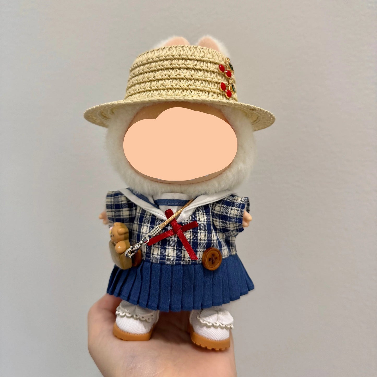 Summer Labubo Outfits Plaid Skirt + Straw Hat Accessories Fashion Labubo Outfit Keychain Labubo Clothing