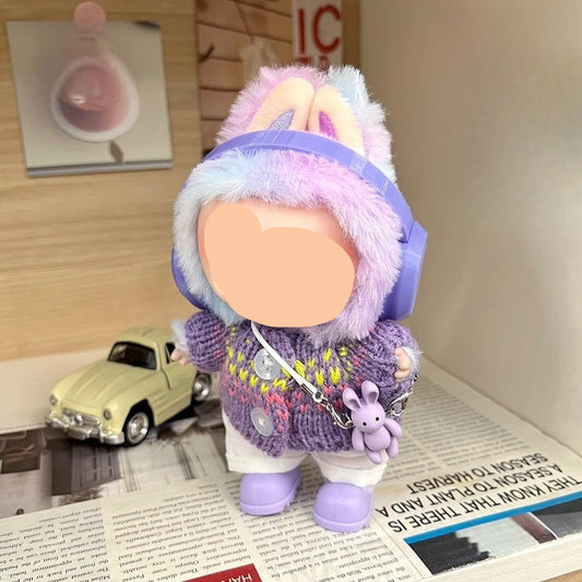 Purple headphones + Purple sweater + White pants 17cm Labubo Clothing Have a Seat Labubo Doll Clothes