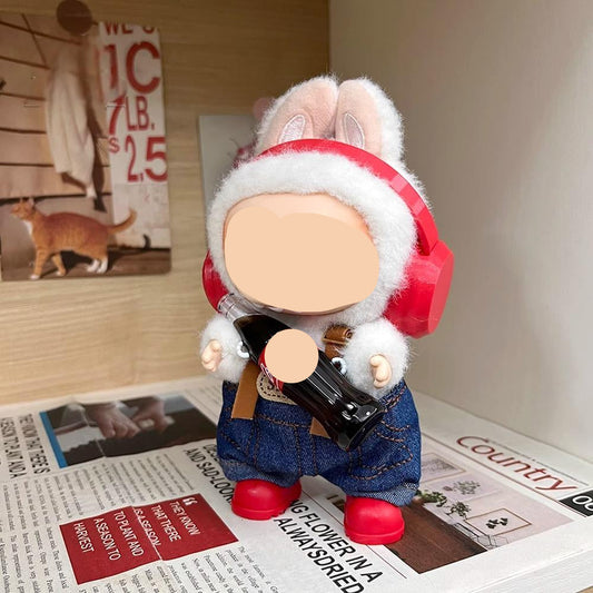 Cola Keychain Red headphones + Xiaochun overalls + red boots 2 Labubo Clothes 17cm Labubo Clothing  Labubo Doll Clothes