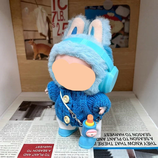 Labubo Clothing Keychain Labubo Clothes Blue headphones + Water Fairy blue sweater + white pants + lipstick + blue boots Macaron Clothes for Labubo