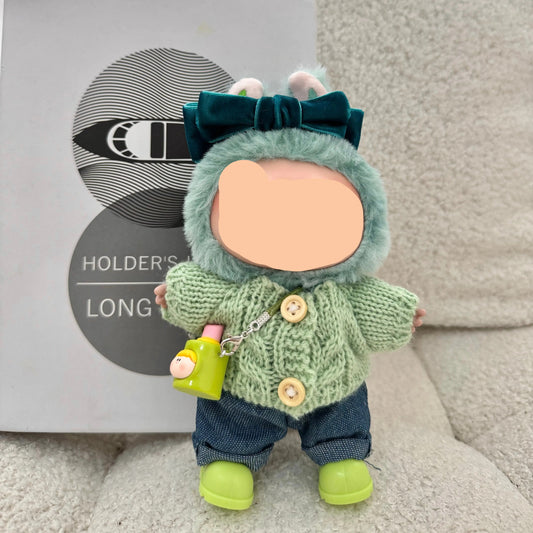 Labubo Clothing Keychain Labubo Clothes Green bow headband + light green sweater + jeans + green lipstick + green boots Macaron Clothes for Labubo