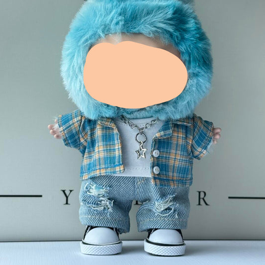 Labubo Outfits Blue Plaided Shirt + Jeans Accessories Fashion Labubo Outfit Keychain Labubo Clothing