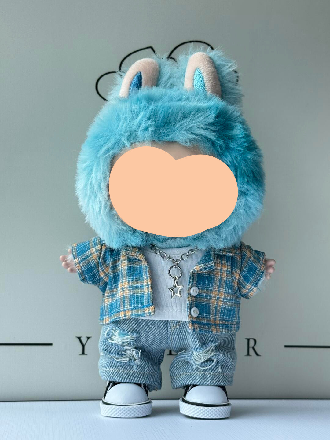 Labubo Outfits Blue Plaided Shirt + Jeans Accessories Fashion Labubo Outfit Keychain Labubo Clothing