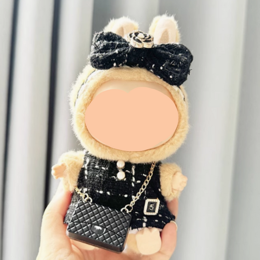 Labubo Outfits Black Tweed Dress With Hairbow Accessories Fashion Keychain Labubo Clothing Labubo Outfit