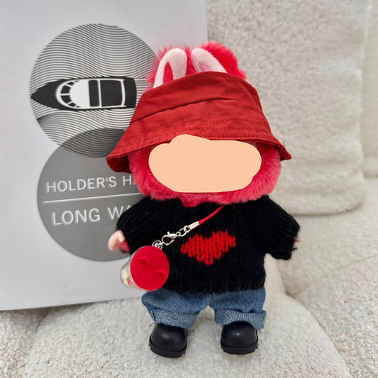 Labubo Clothing Keychain Labubo Clothes Red hat + black heart sweater + jeans + black shoes + red popcorn Macaron Clothes for Labubo