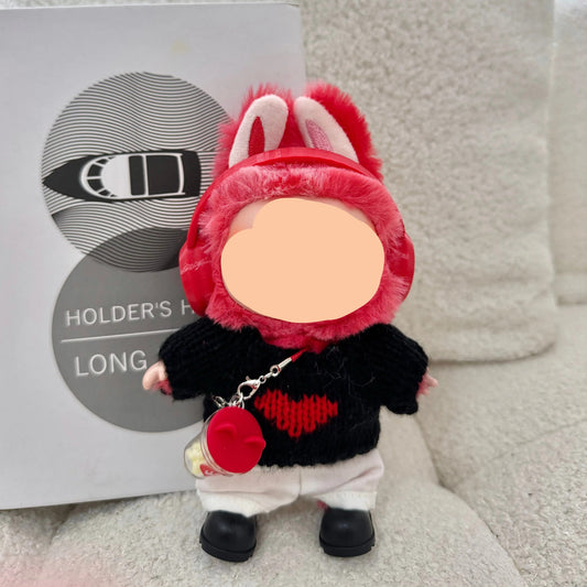 Labubo Clothing Keychain Labubo Clothes Red headphones + black heart sweater + white pants + black shoes + red popcorn Macaron Clothes for Labubo