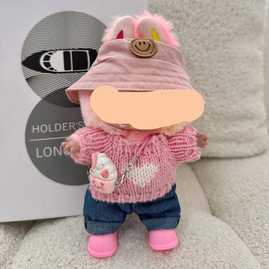 Labubo Clothing Keychain Labubo Clothes Pink hat + pink heart sweater + jeans + pink shoes + ice cream shoulder bag Macaron Clothes for Labubo