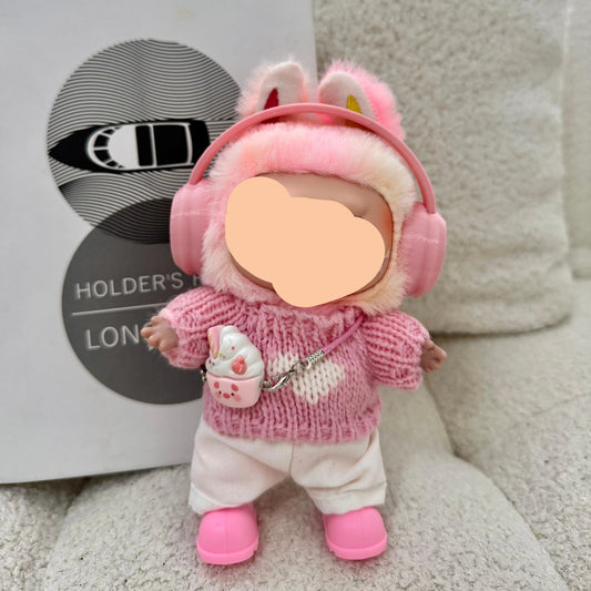 Labubo Clothing Keychain Labubo Clothes Pink headphones + pink heart sweater + white pants + pink shoes + ice cream shoulder bag Macaron Clothes for Labubo