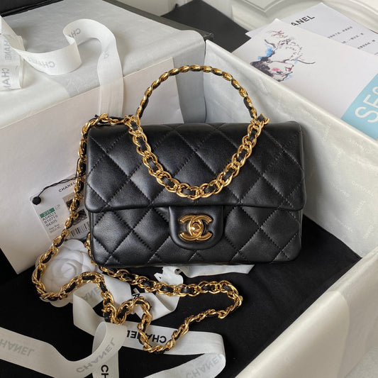 luxury Flap Bag Gold Top Handle Black - 13X21X8cm