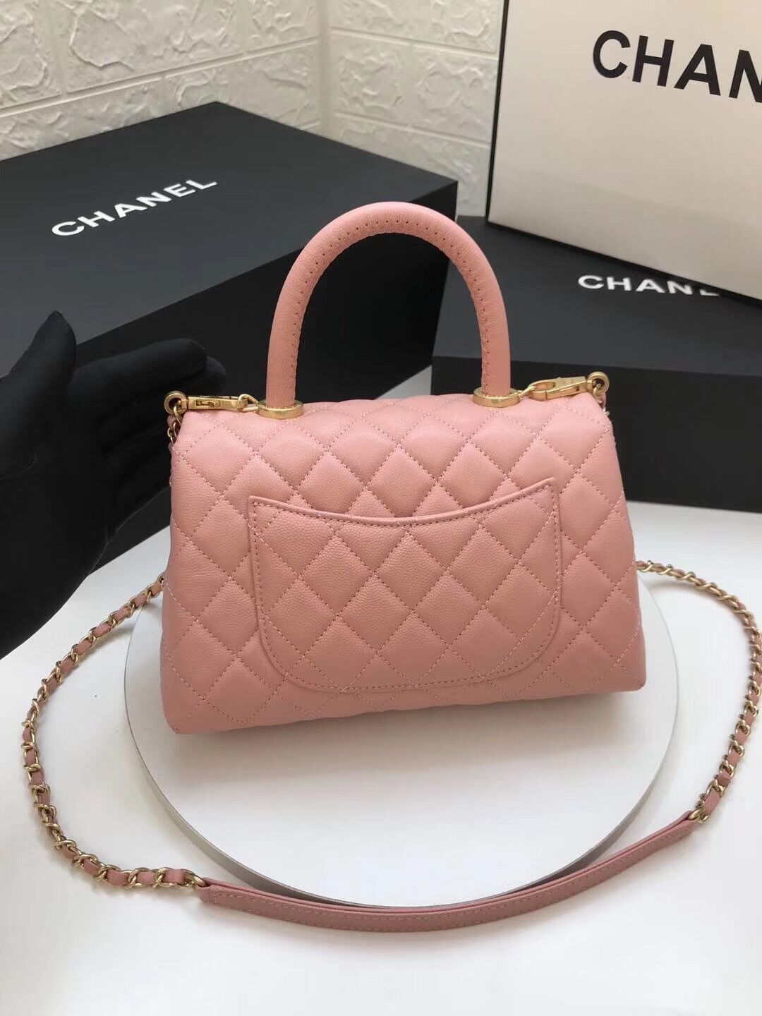 luxury Coco Handle Gold Caviar Pink 24 cm