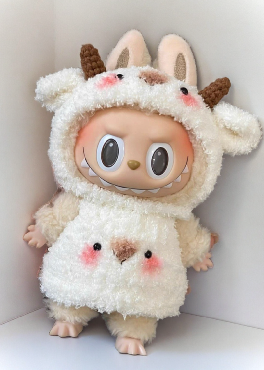 Labubu Fluffy Goat Costume Set - Cream White Onesie med horn (17 cm)