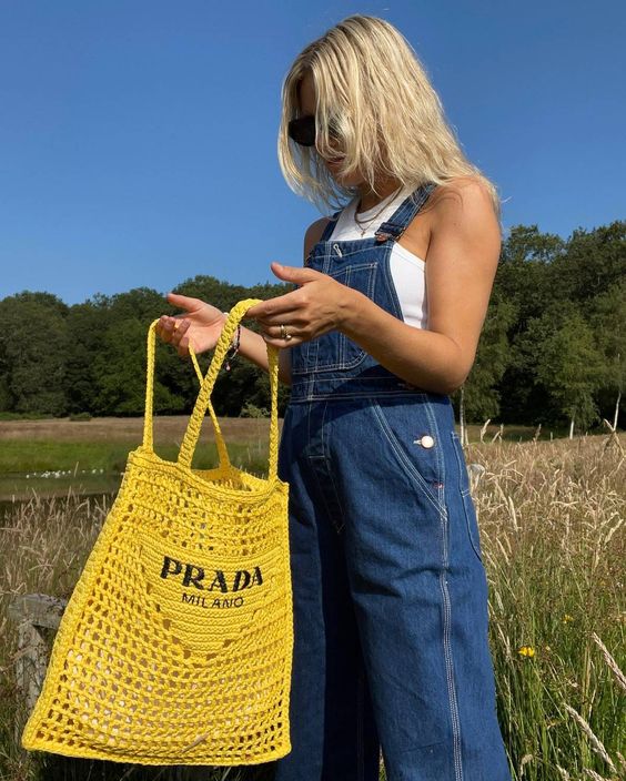 luxury Women's Natural Crochet Tote Bag-Yellow