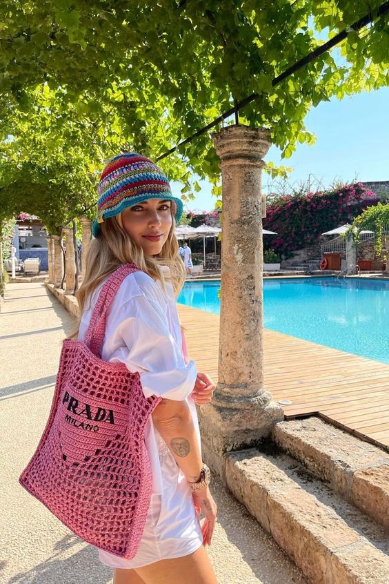 luxury Women's Natural Crochet Tote Bag-Pink