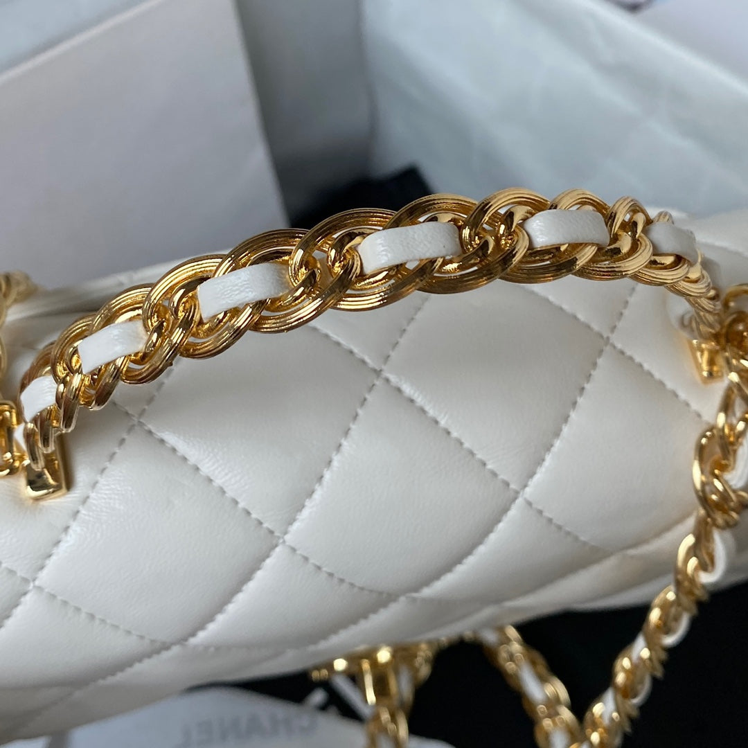 luxury Flap Bag Gold Top Handle White - 13X21X8cm