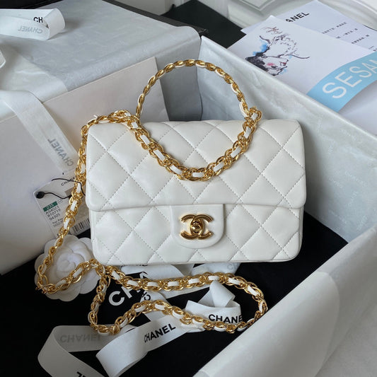 luxury Flap Bag Gold Top Handle White - 13X21X8cm