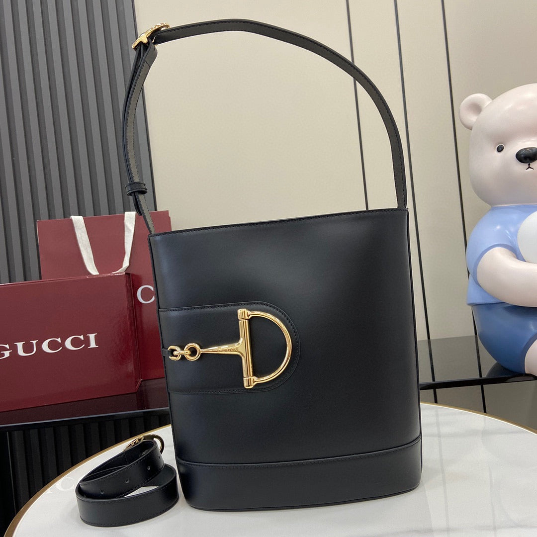 luxury small horsebit embellished leather bucket bag