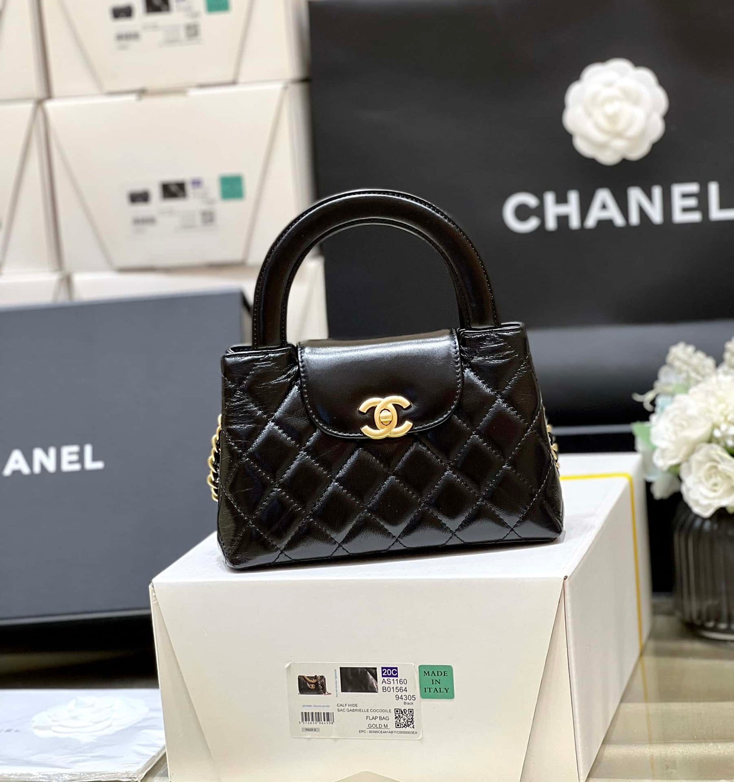 luxury Kelly Mini Shopping Bag Mini 23K Shiny Aged Calfskin Black 13x19x7cm