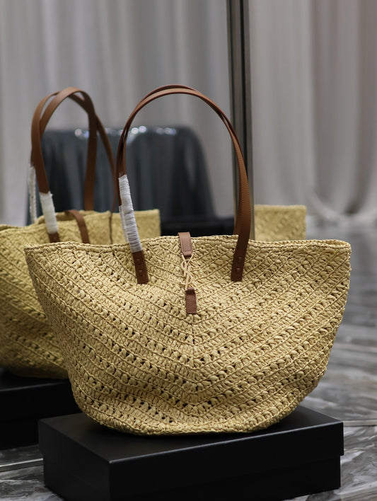 luxury PANIER MEDIUM IN RAFFIA AND VEGETABLE-TANNED LEATHER