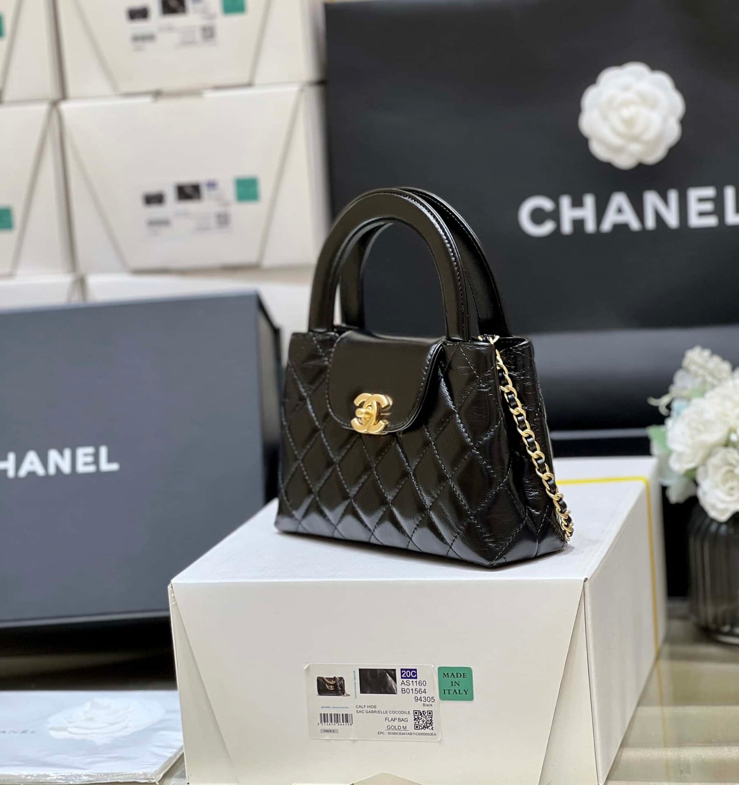 luxury Kelly Mini Shopping Bag Mini 23K Shiny Aged Calfskin Black 13x19x7cm