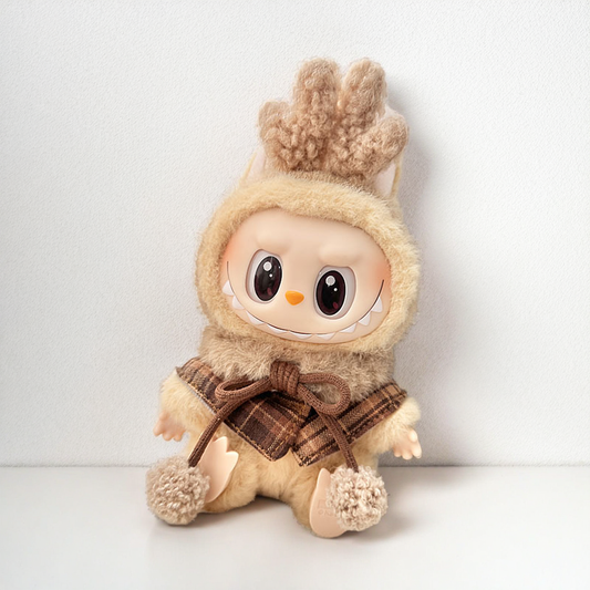 Labubu hyggeligt rensdyr kostume sæt - beige plys & plaid tørklæde karakter kostume