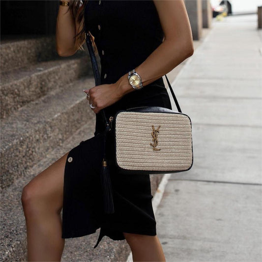 Saint Laurent Lou Medium luxury Monogram Raffia Camera Bag