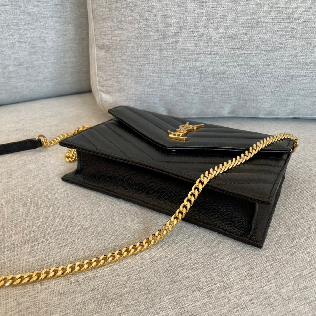 luxury  Cassandre Envelope Chain Wallet Black Grain Leather Golden Hardware 19 cm