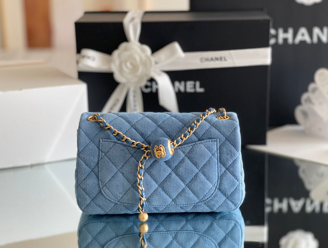 luxury Denim Flap Bag - 20x13x7cm