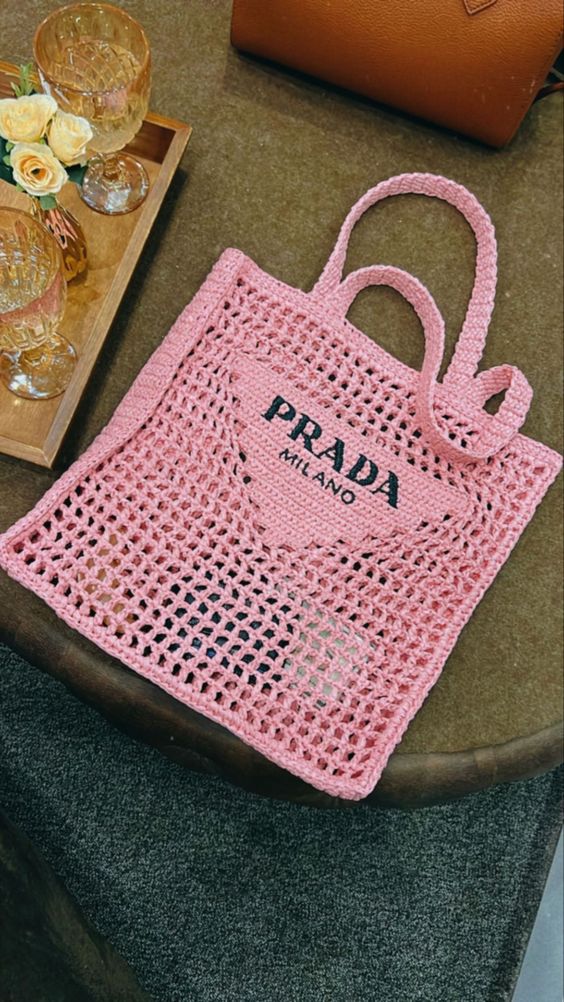 luxury Women's Natural Crochet Tote Bag-Pink