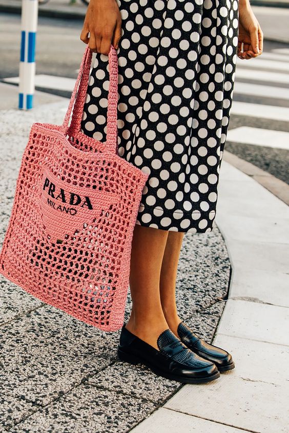 luxury Women's Natural Crochet Tote Bag-Pink
