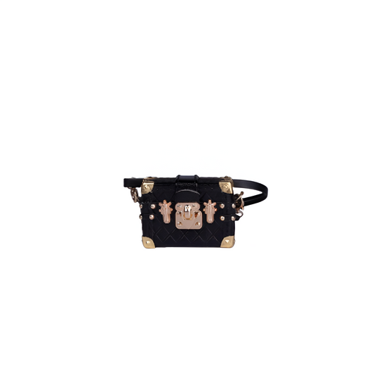 Labubu L.V. Inspired Mini Trunk Crossbody Bag - Black with Gold Accents