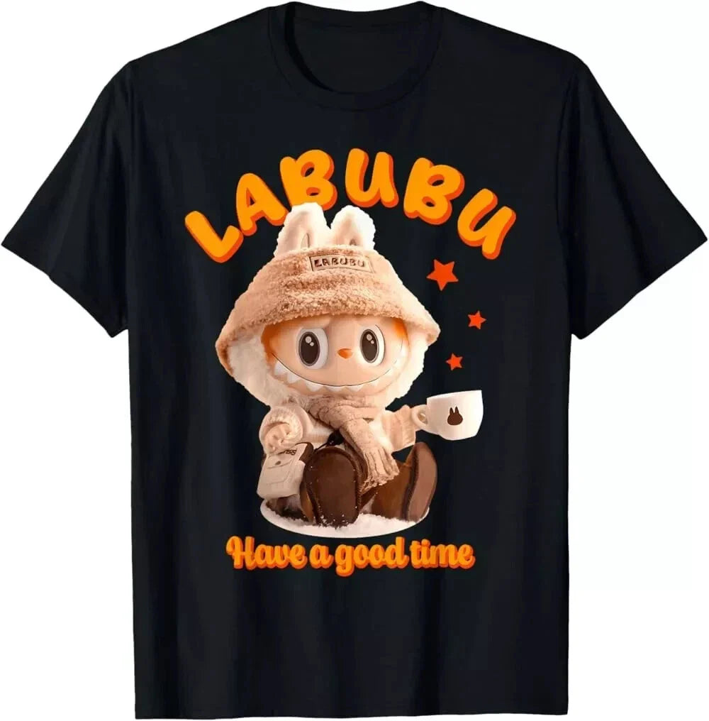 Funny Labubu the Monsters Crew Camiseta de manga corta para el cuello para Labubu Lover Black